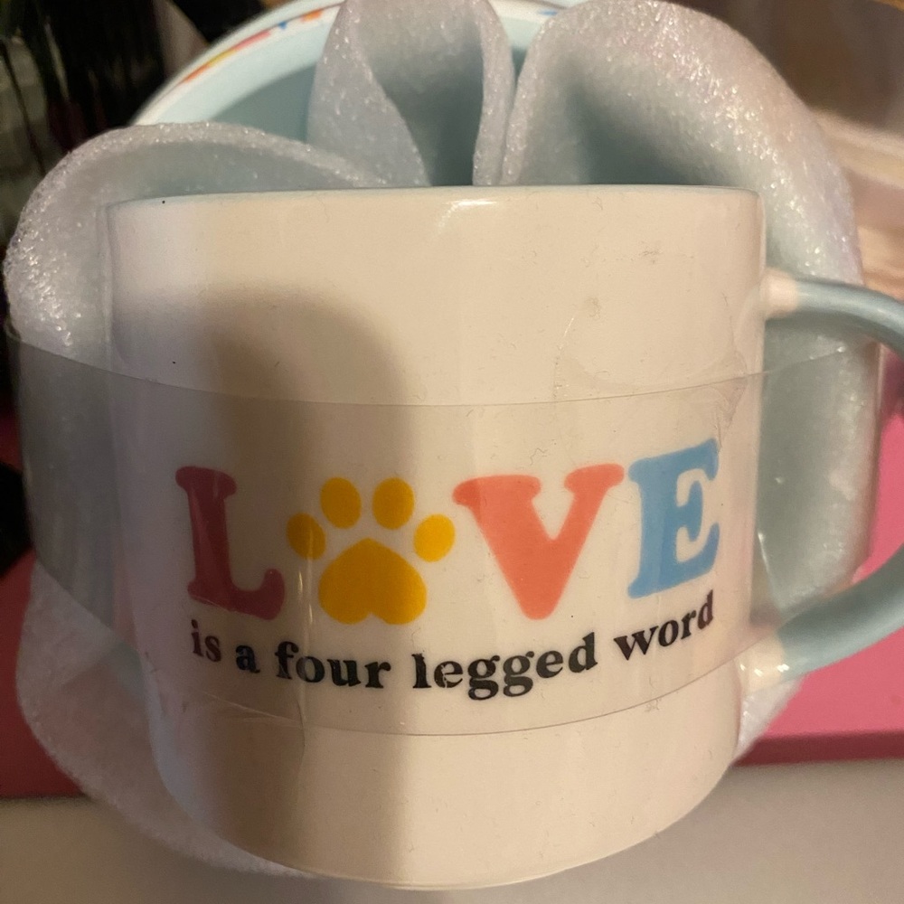 NWT, Claire’s Colorful Dog Lover Coffee Mug & Dog Bowl Water Dish In Fun Print